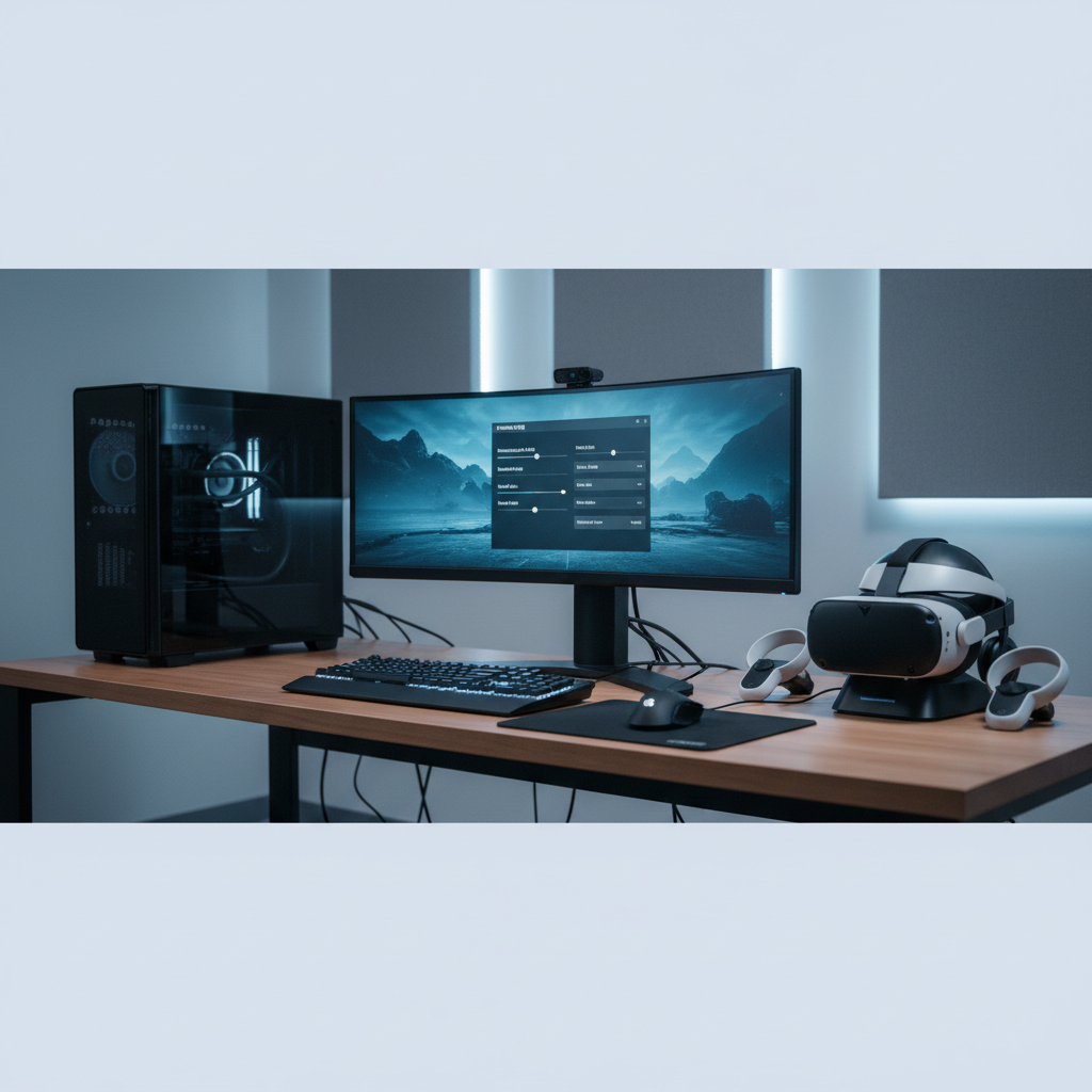 PC VR gaming setup with headset, controllers, and a desktop showing graphics settings for a 2026 VR game