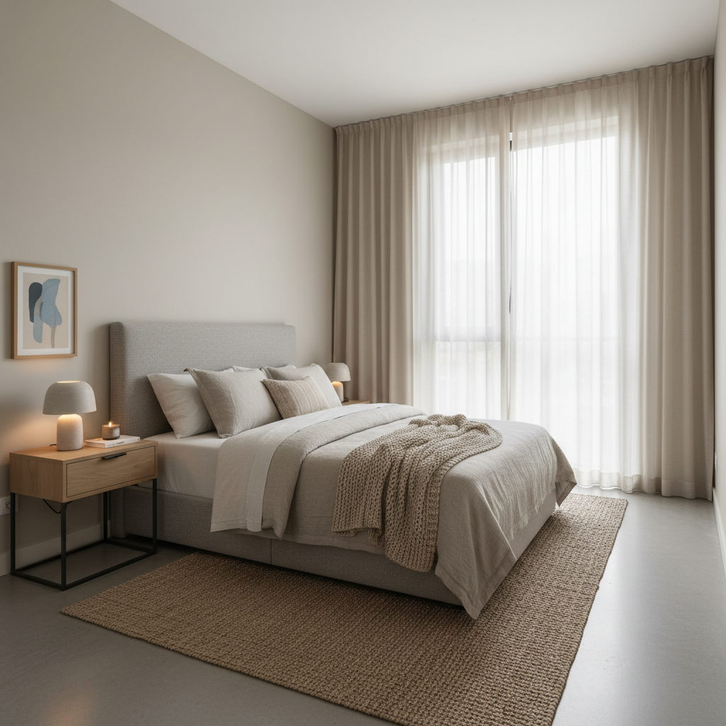 Small bedroom with a slim nightstand beside a bed and clear walkway