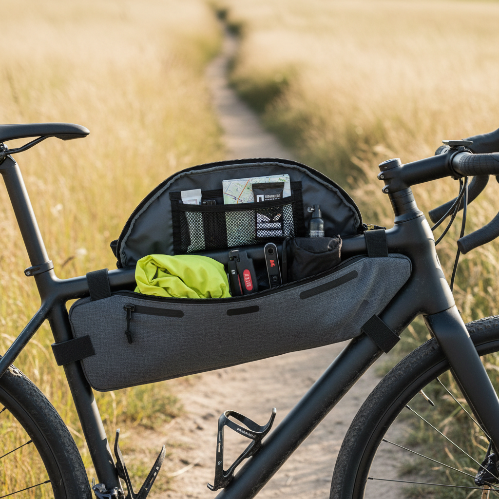 Packed cycling jacket stored neatly in a small bike frame bag
