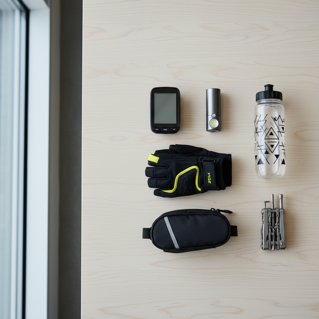 Cyclist gift guide items laid out on a table including helmet lights, gloves, and bike computer