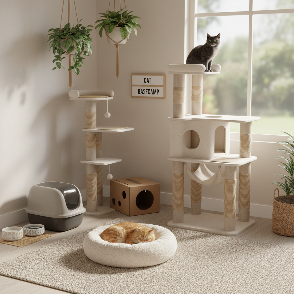 Cat basecamp room setup with litter box, water, scratching post, and hiding spot