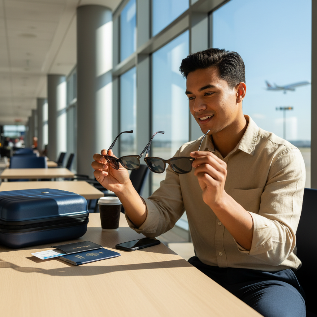 Traveler choosing polarized UV sunglasses for beach and city travel