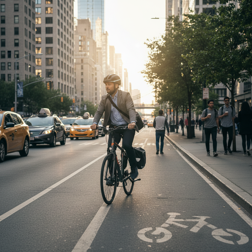 Hybrid bike commuting on a city street with bike lane and morning traffic