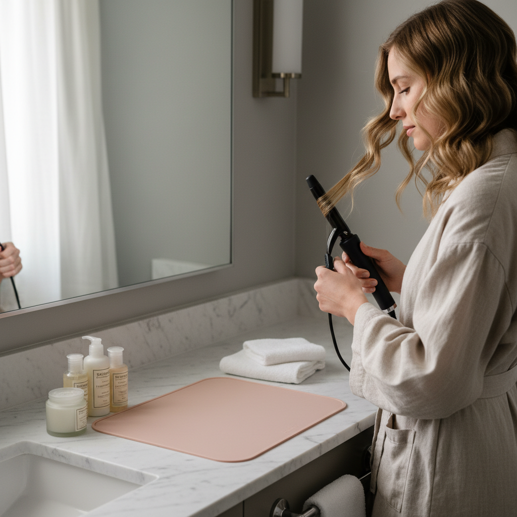 Using a compact curling wand safely in a small hotel bathroom with a heat-resistant mat