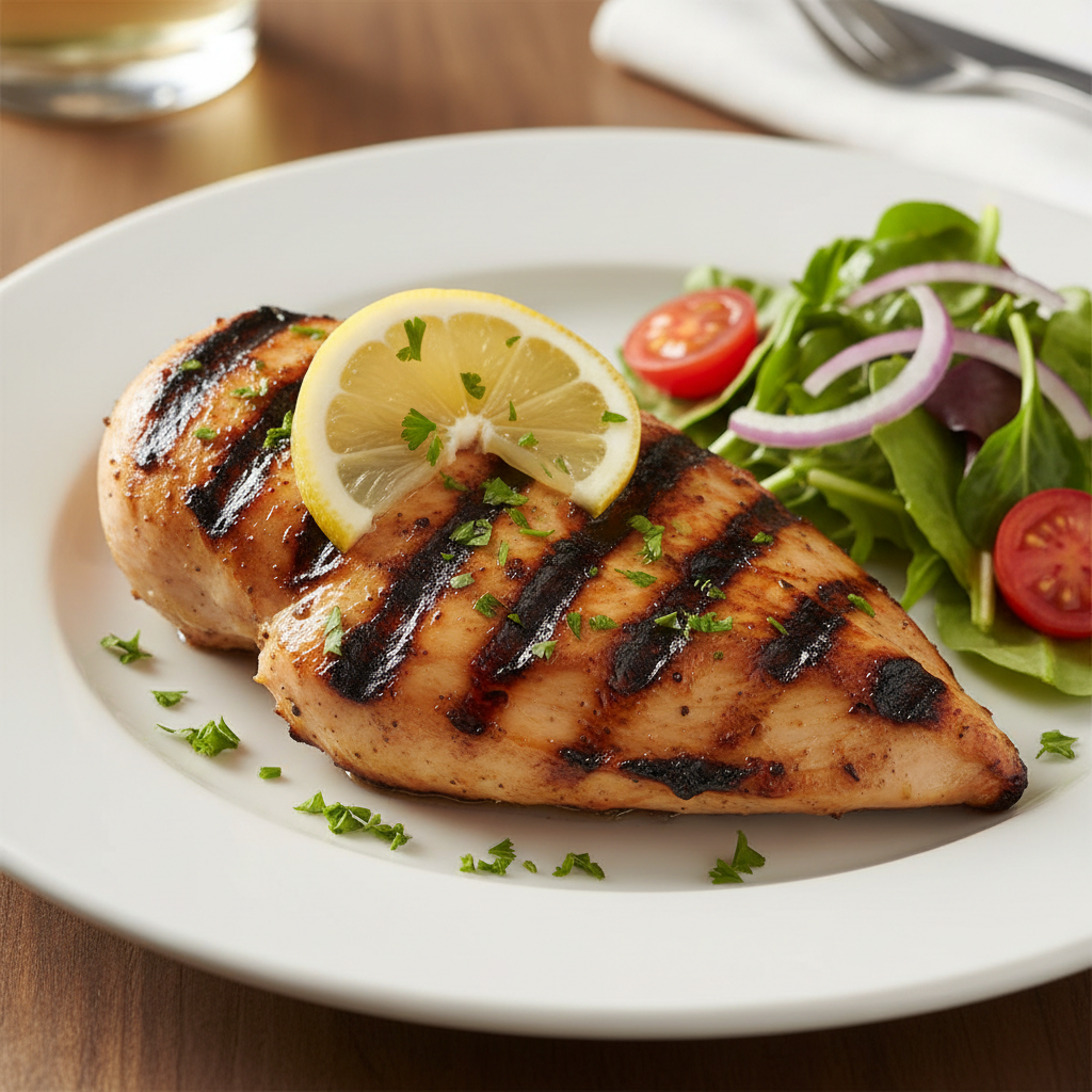 Juicy grilled chicken breast with lemon herbs and char marks