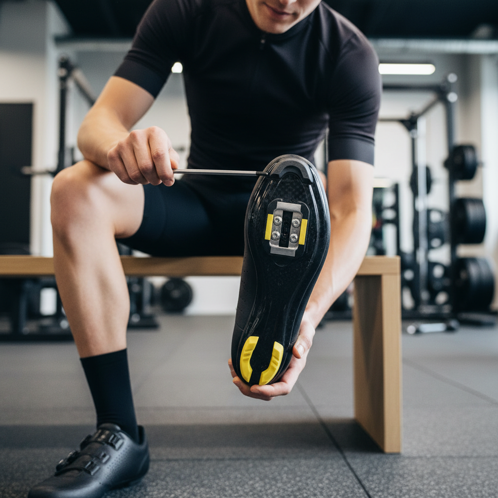 Rider adjusting cleat position on spin bike shoe with Allen key