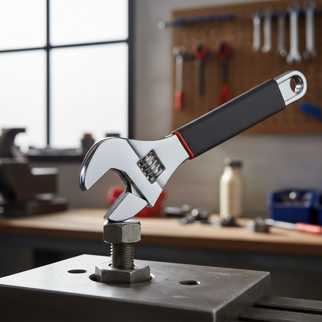 Adjustable wrench properly fitted on a hex nut with correct jaw orientation