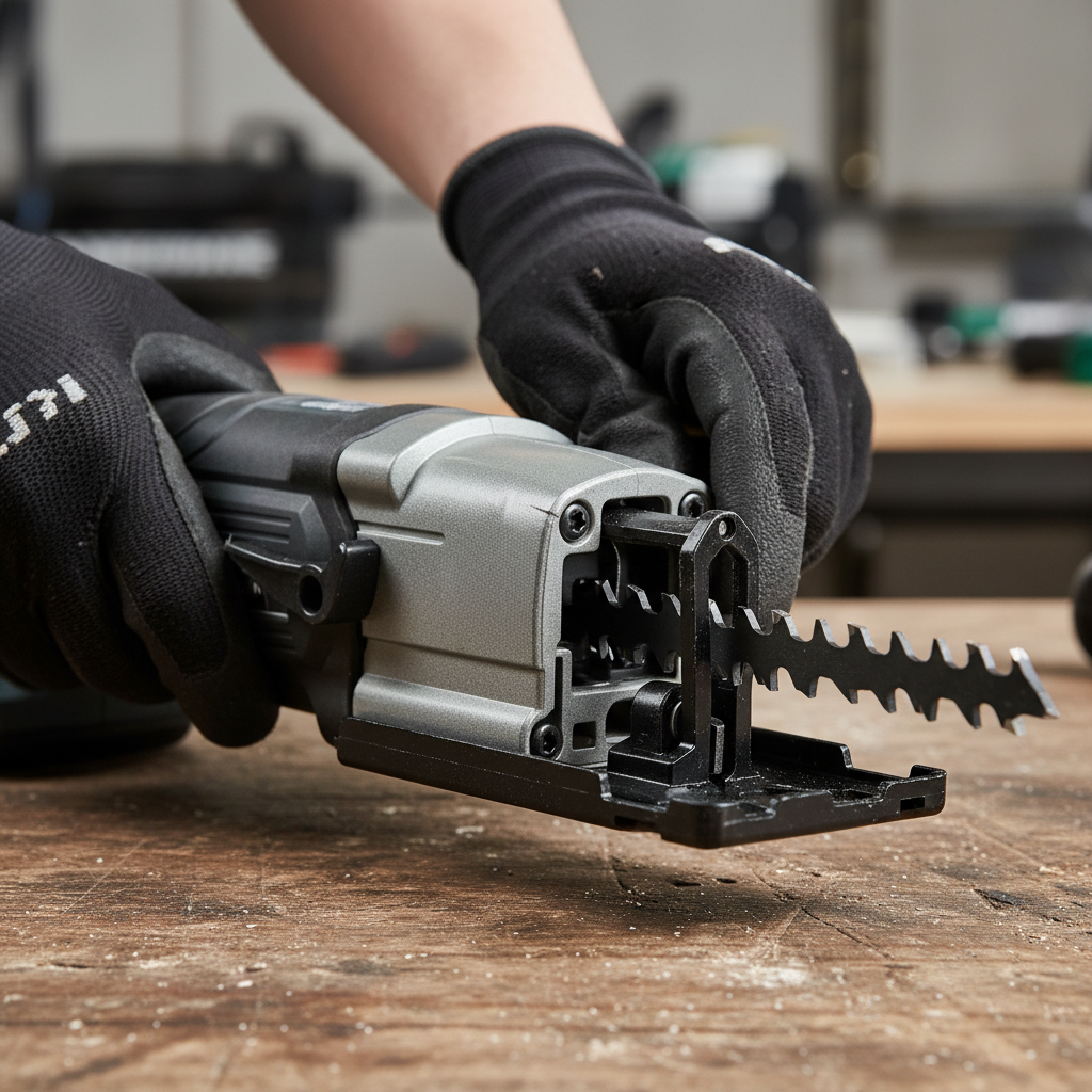 Hands inserting a reciprocating saw blade into a tool-less clamp with gloves on