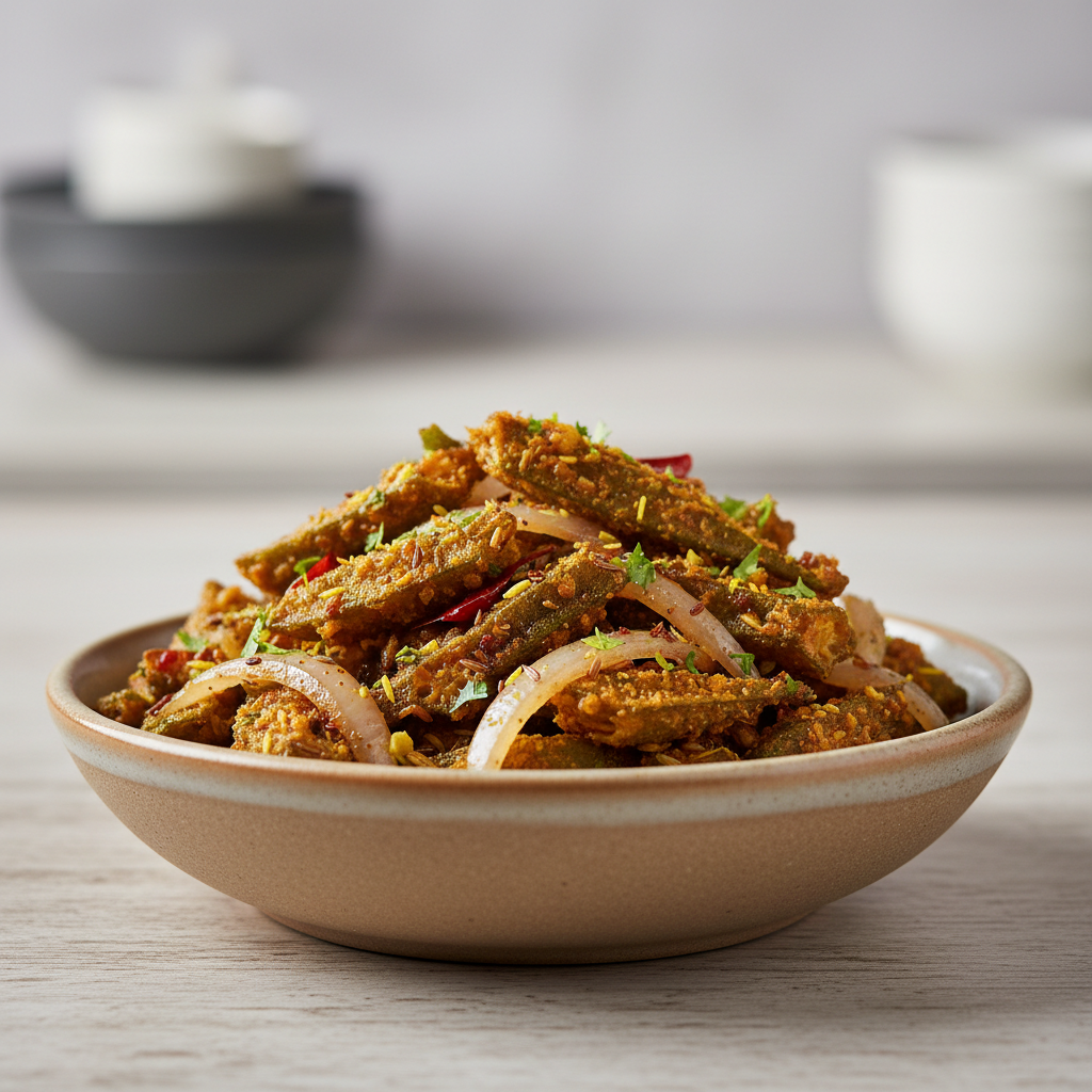 Crispy bhindi fry served in a bowl with onions and spices