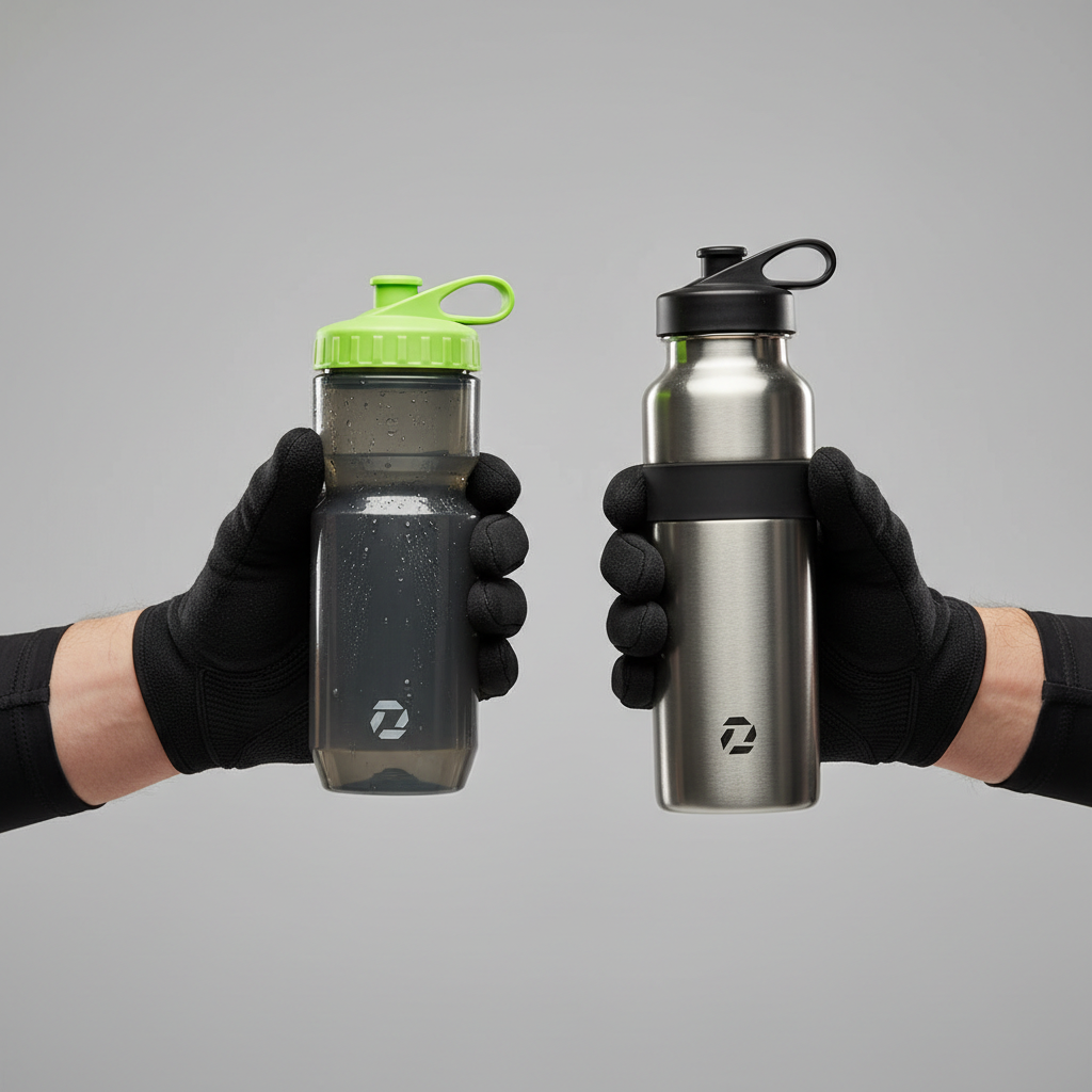 Cyclist comparing insulated squeeze bottle and stainless insulated bottle