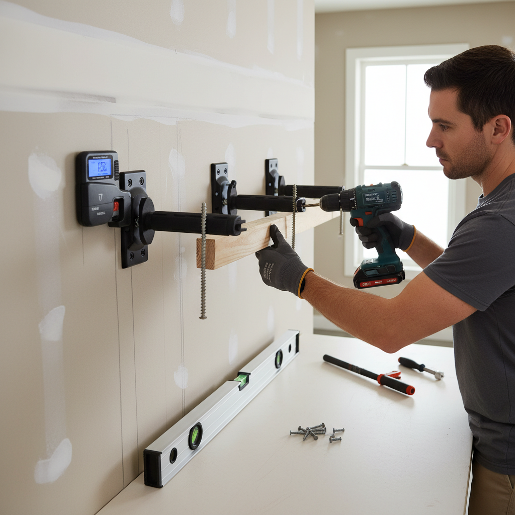 Wall mounted bike rack installed into studs with tools and level