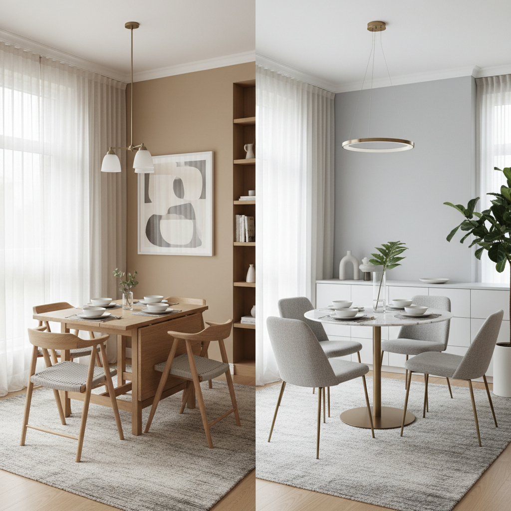 Space-saving dining table options for four including drop-leaf and pedestal tables