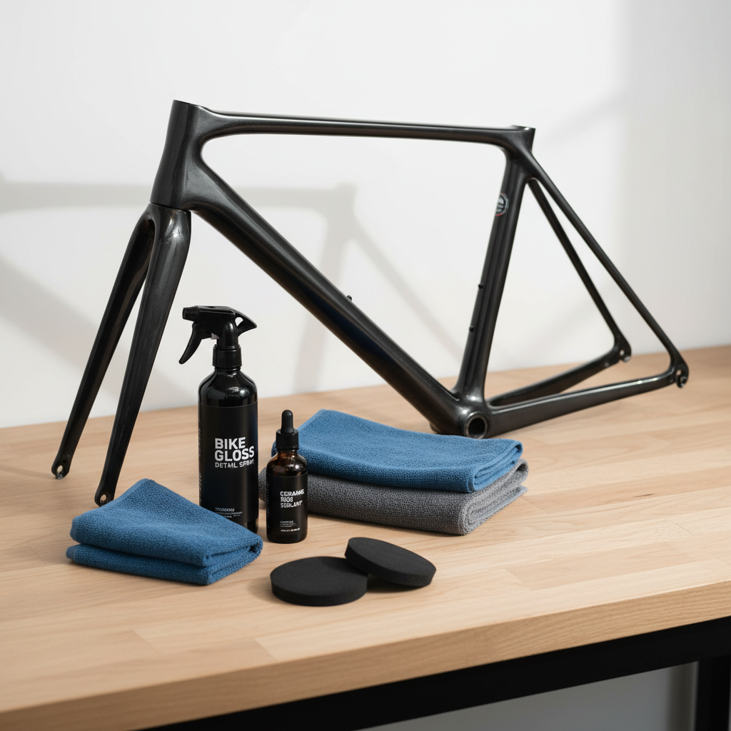 Detailing products and microfiber cloths next to a clean bicycle frame