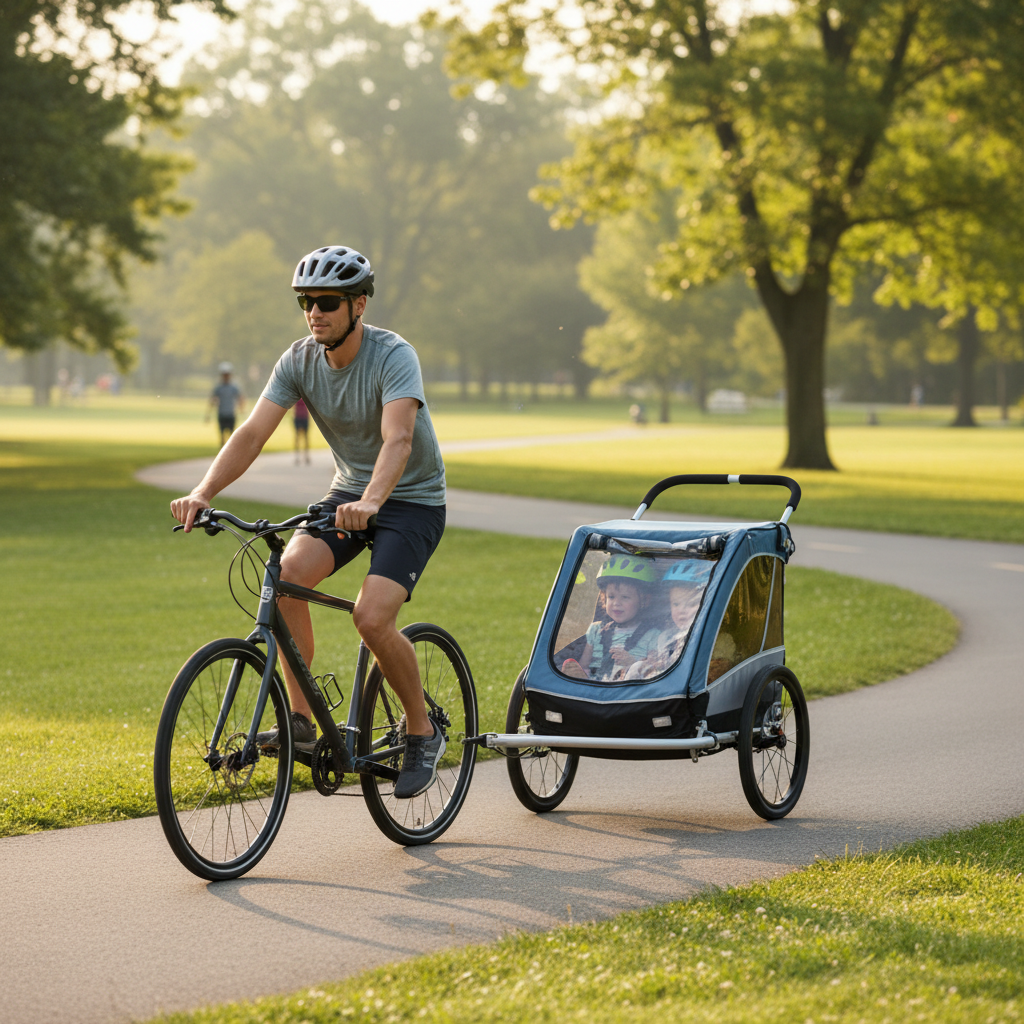 Family biking with a kids bike trailer on a paved trail
