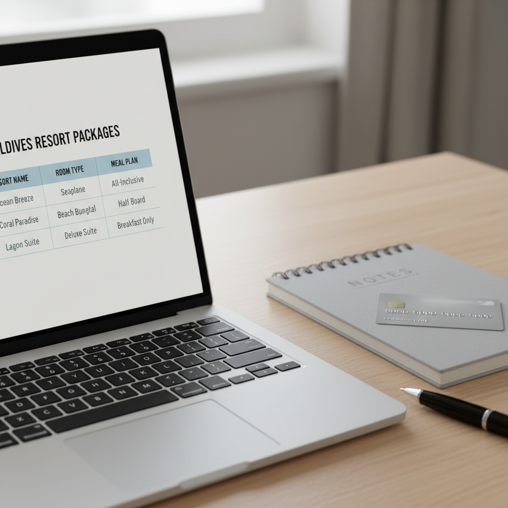 Laptop comparing Maldives resort packages including meals and transfers