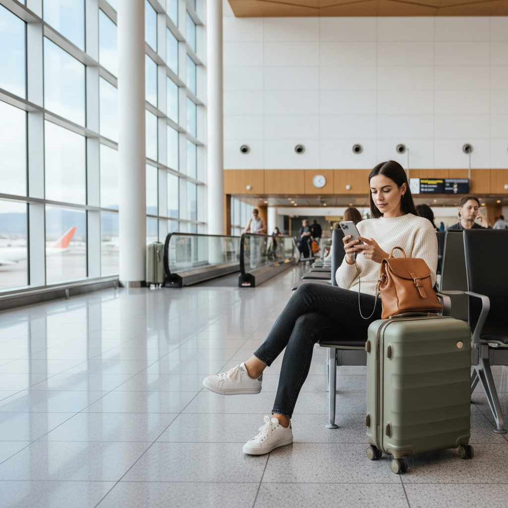 Traveler using a portable charger at an airport gate