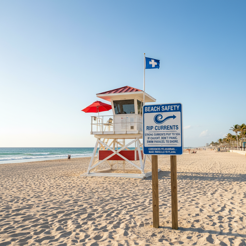 Beach safety sign and lifeguard tower on a sunny day