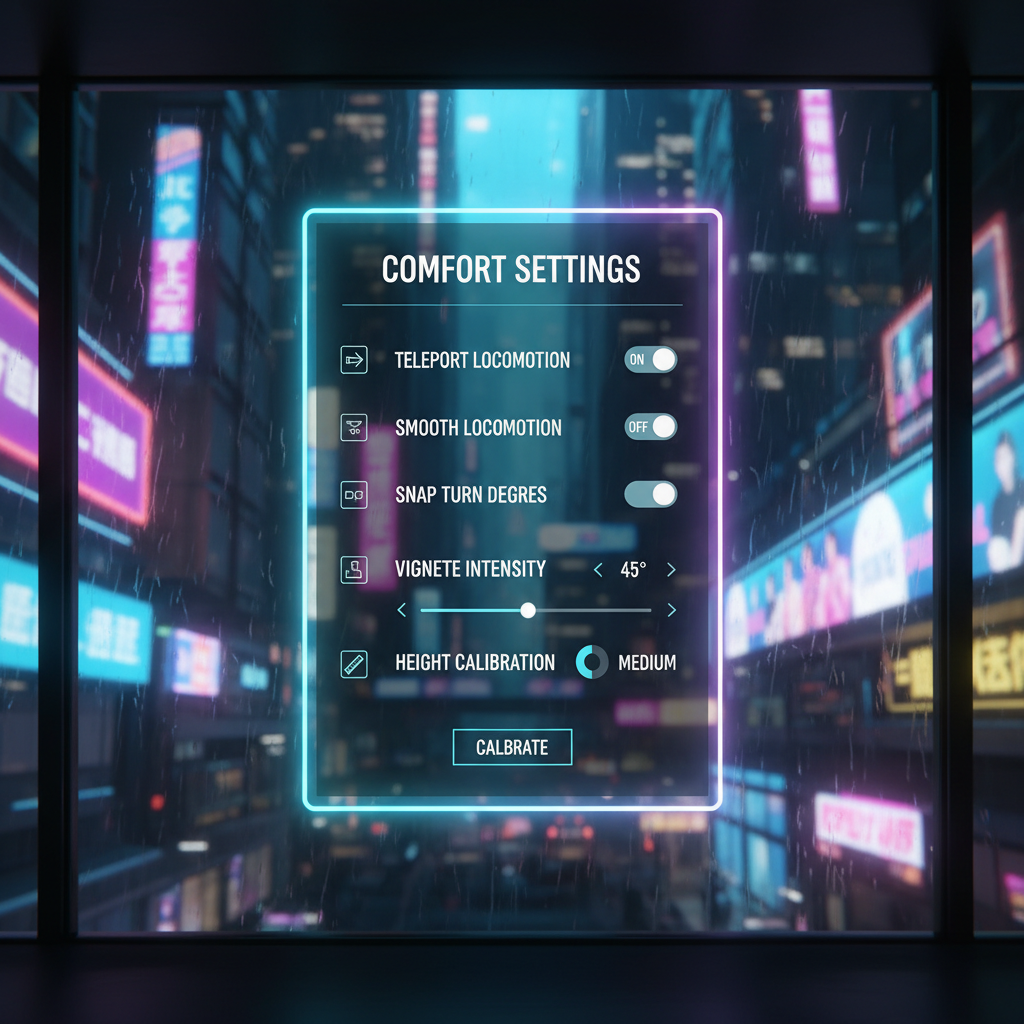 VR comfort settings menu showing vignette, snap turning, and teleport options