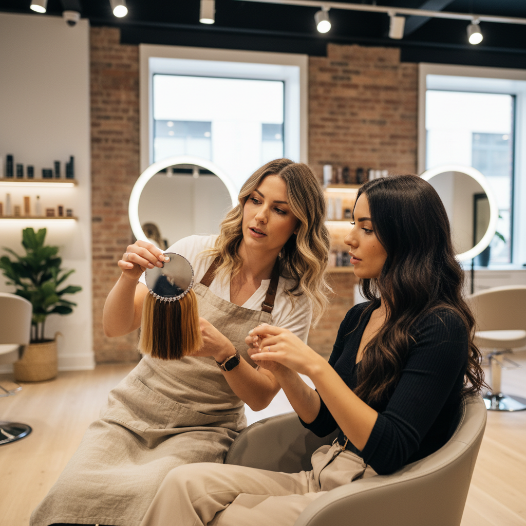 Professional colorist consultation for dark hair lightening and tone planning