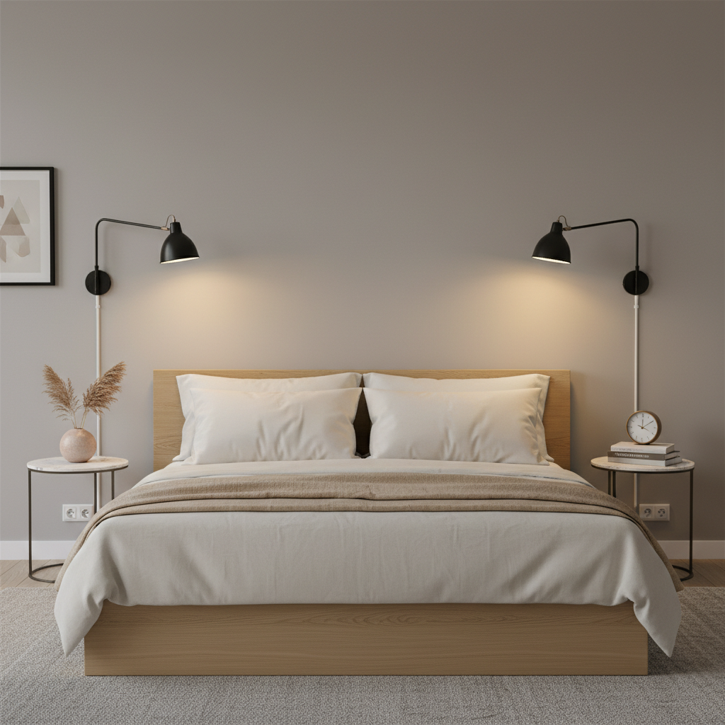 Bedroom with plug-in swing-arm sconces and hidden cord covers for renters