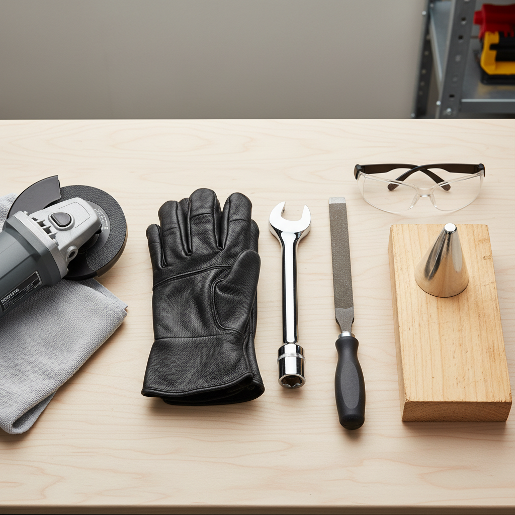 Basic lawn mower blade sharpening tools laid out on a workbench
