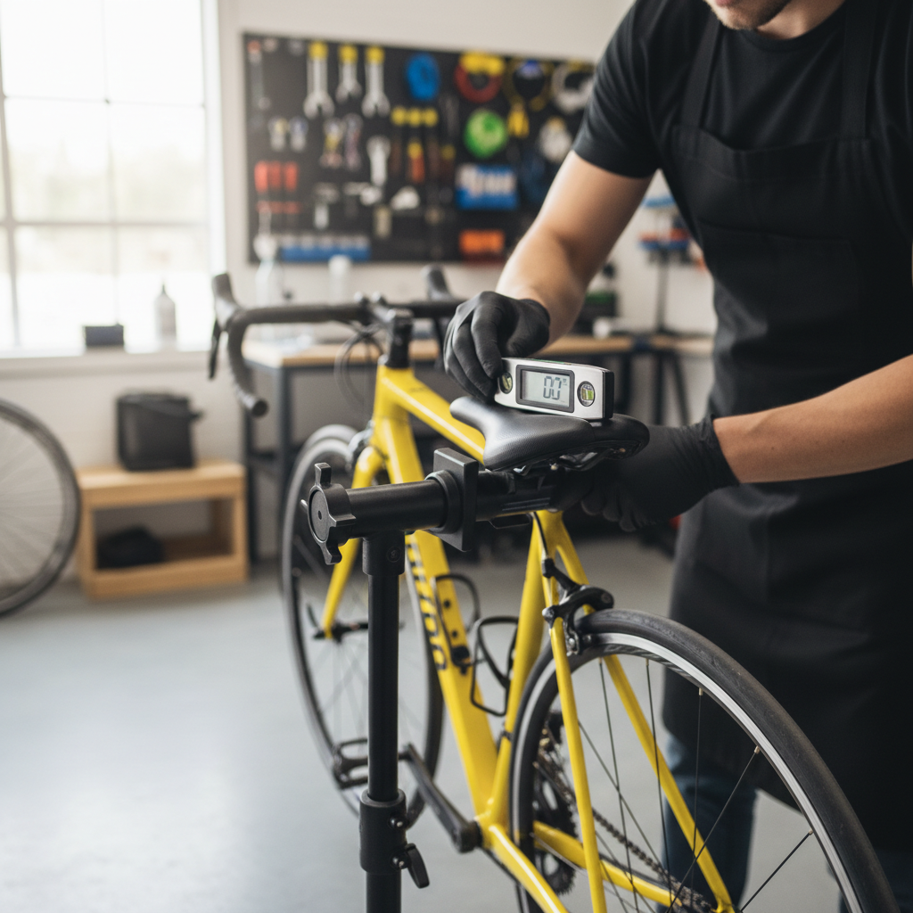 Bike saddle angle adjustment using a digital level tool on a road bike