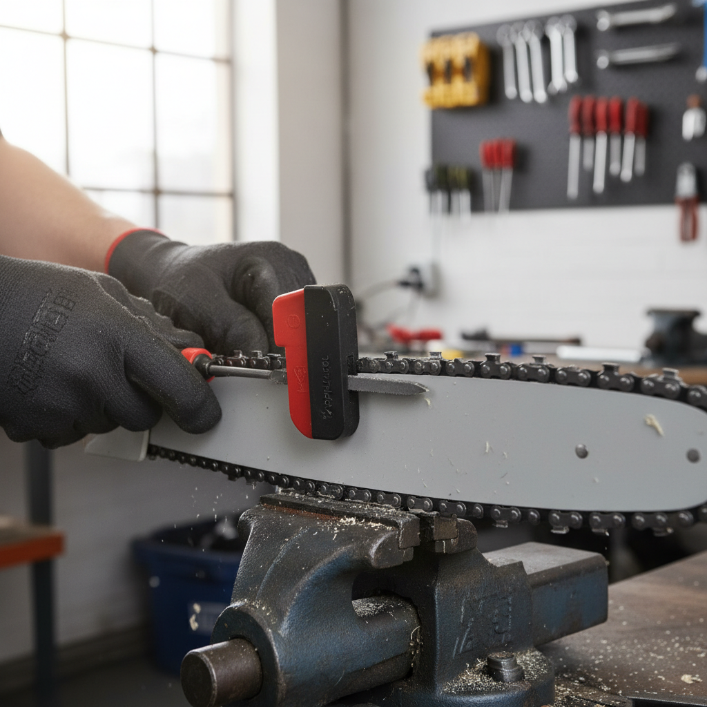 Close-up of filing a chainsaw cutter with round file and angle guide