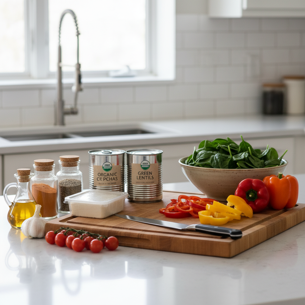 Easy vegetarian dinner ingredients on a weeknight kitchen counter