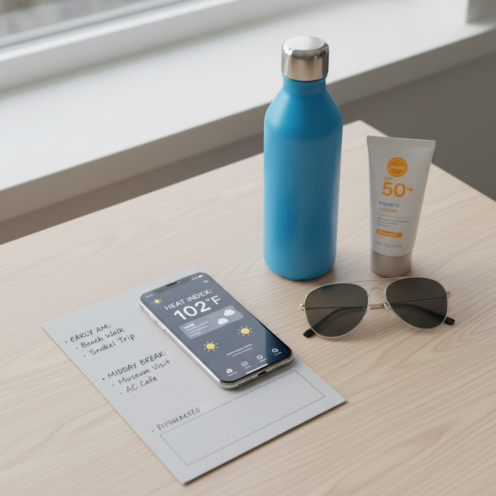 Summer travel itinerary with early morning and midday indoor breaks to avoid heat