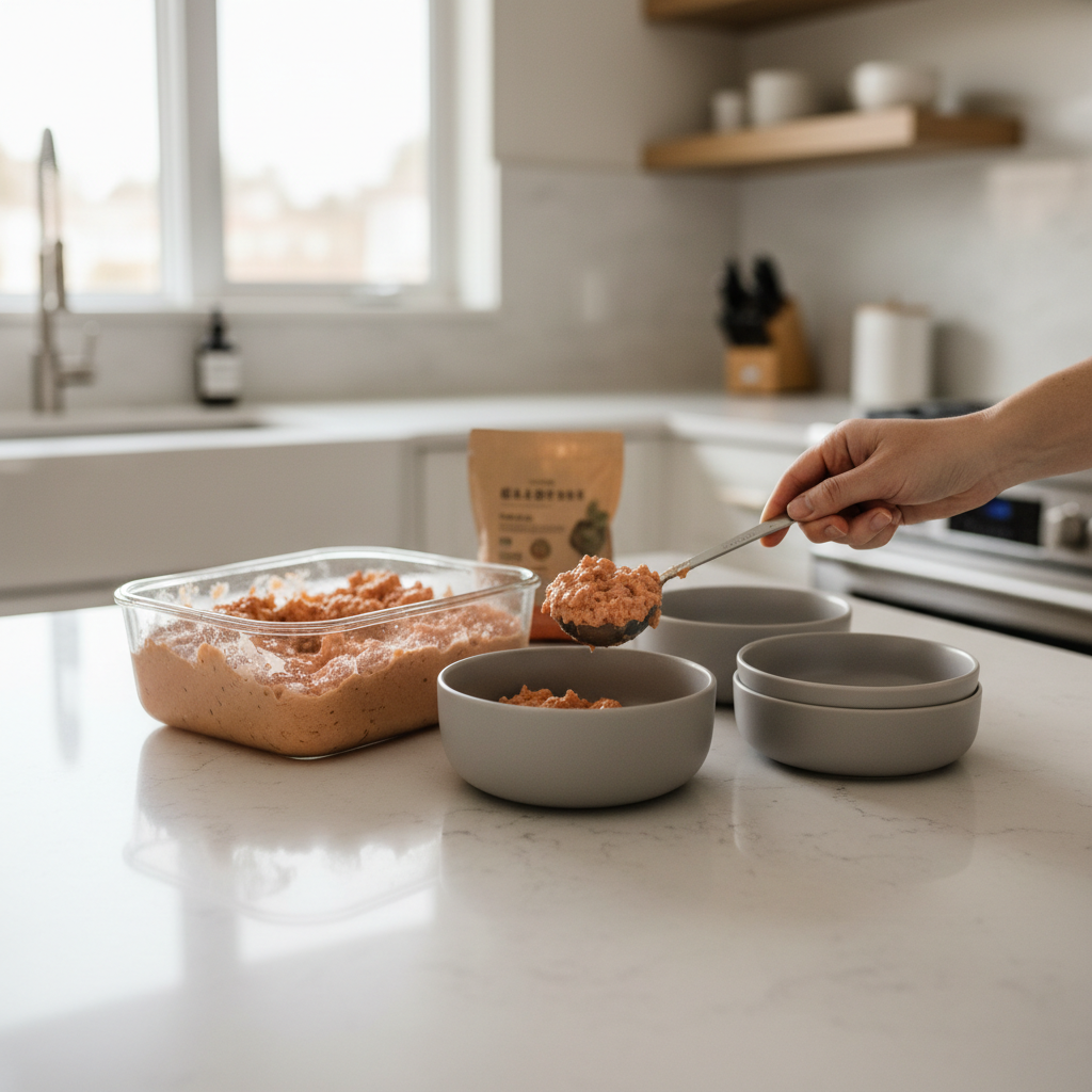 Portioning wet cat food with a measuring spoon for an indoor cat diet