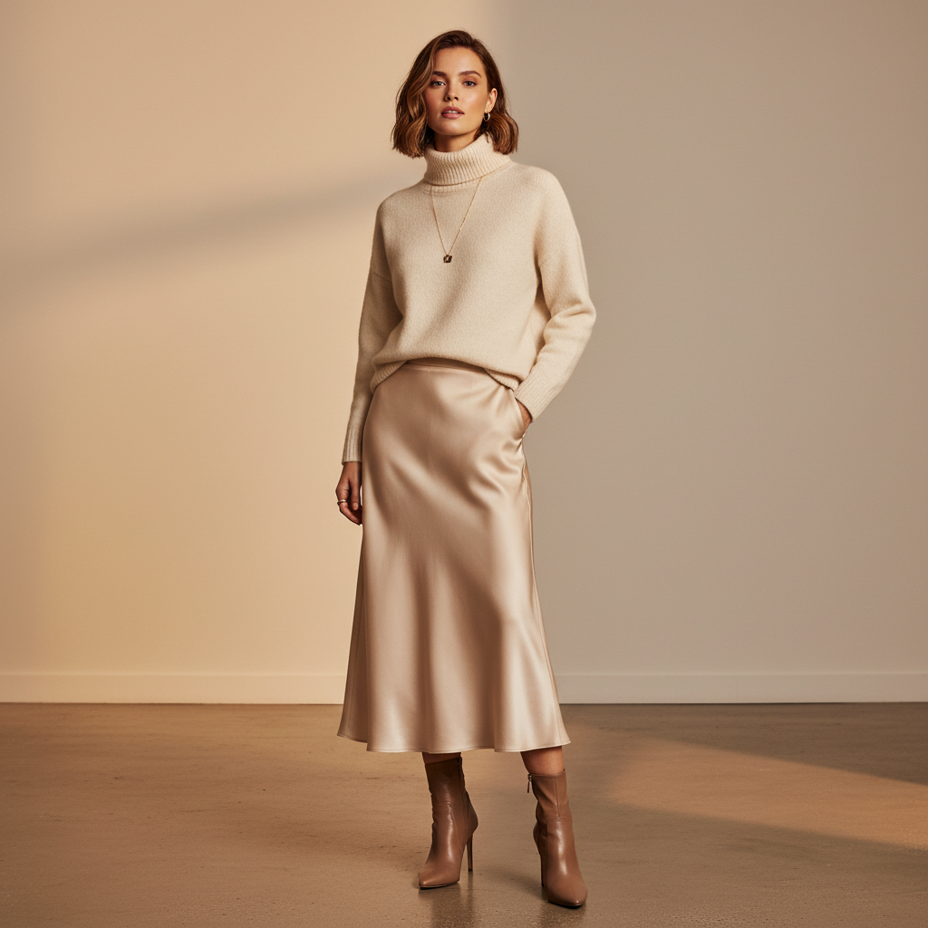 Cream turtleneck styled with satin midi skirt and heeled boots for a dressy look