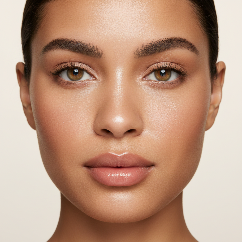 Close-up of natural glowing skin with subtle highlighter on cheekbones