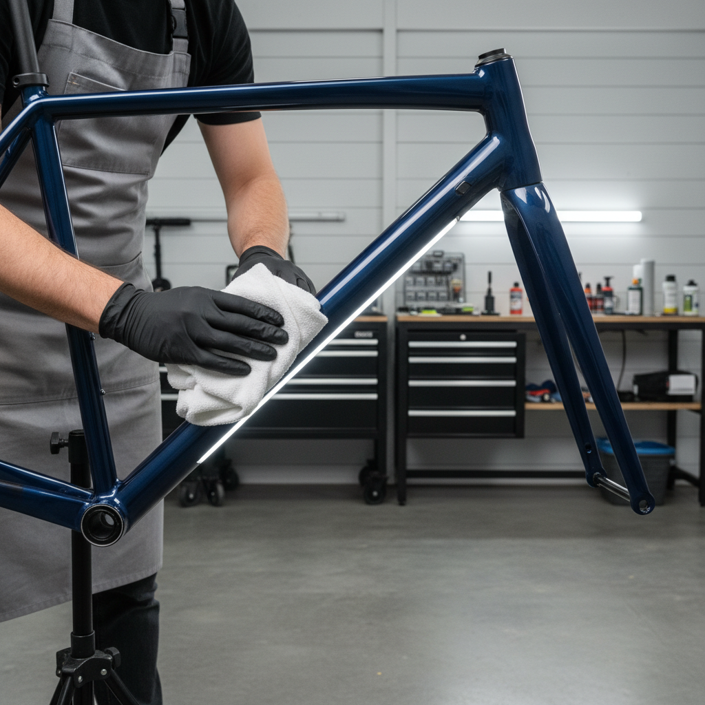 Buffing a bicycle frame to remove haze and streaks