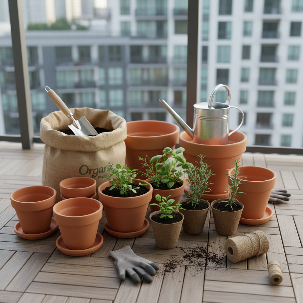Small balcony garden setup steps with pots, soil, and a compact watering can