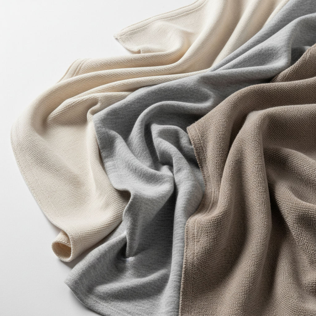 Close-up of loungewear fabric swatches showing knit texture and drape