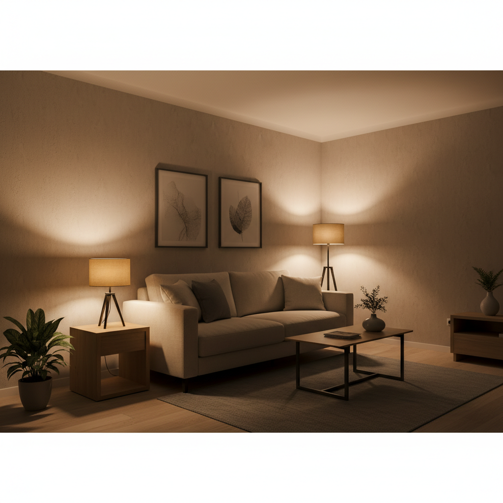 Layered warm lighting setup in a small apartment for winter coziness