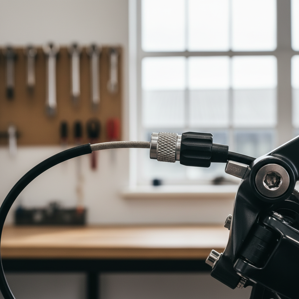 Bike rear derailleur cable and barrel adjuster close-up for shifting cable adjustment