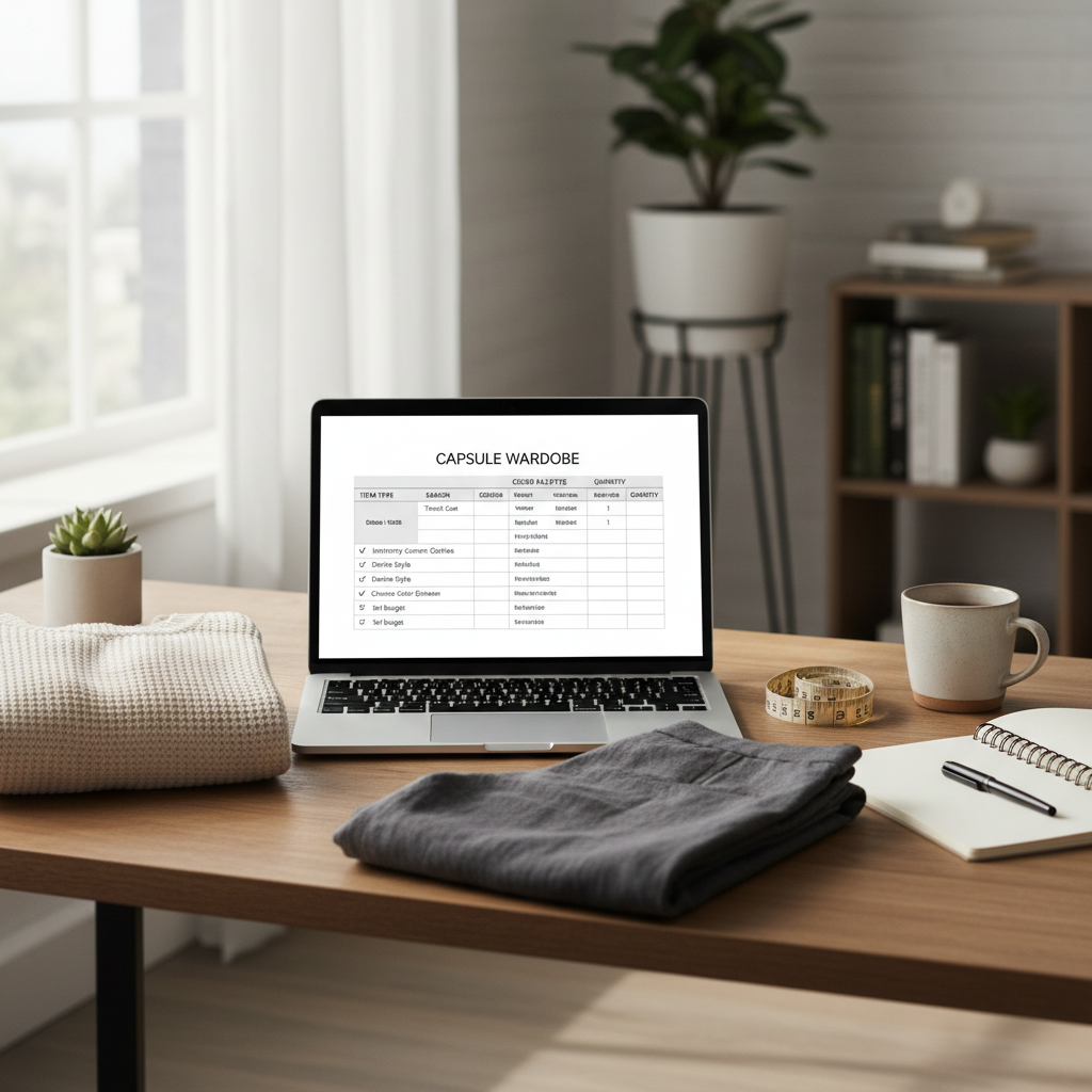 Capsule wardrobe planning table on a laptop with clothing items nearby