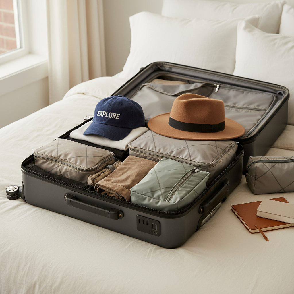 Suitcase packing setup to protect hats from crushing