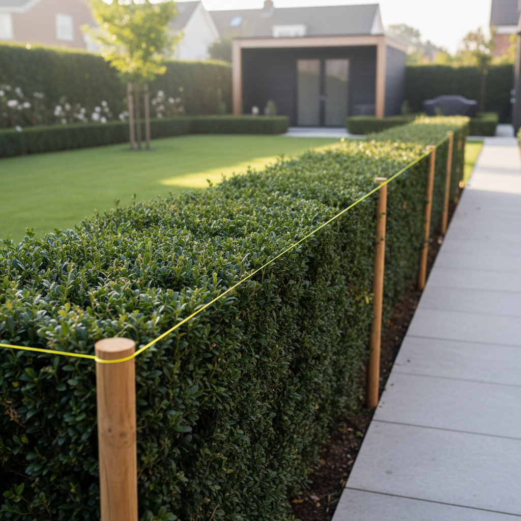String line and stakes used as a hedge trimming guide for a straight top line