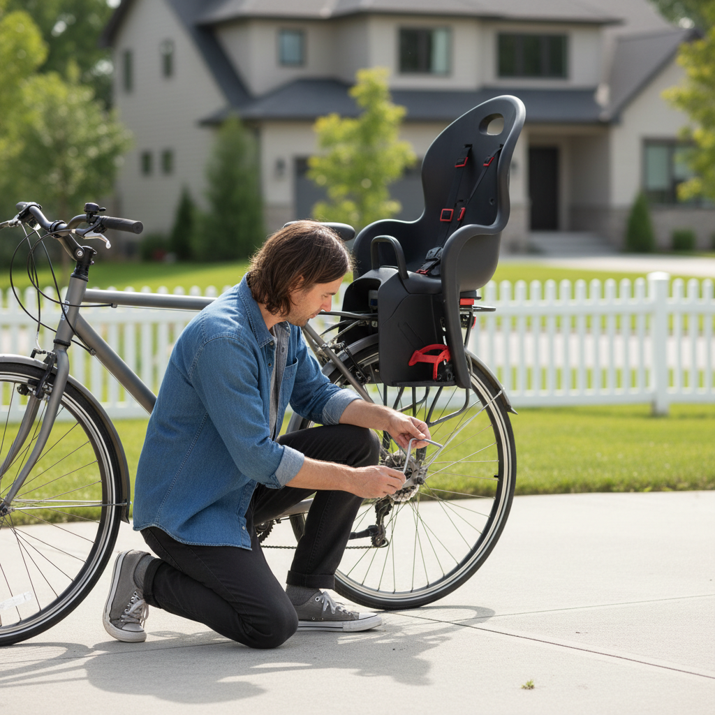 Adult bike with child bike seat installed, checking alignment and bolts before riding
