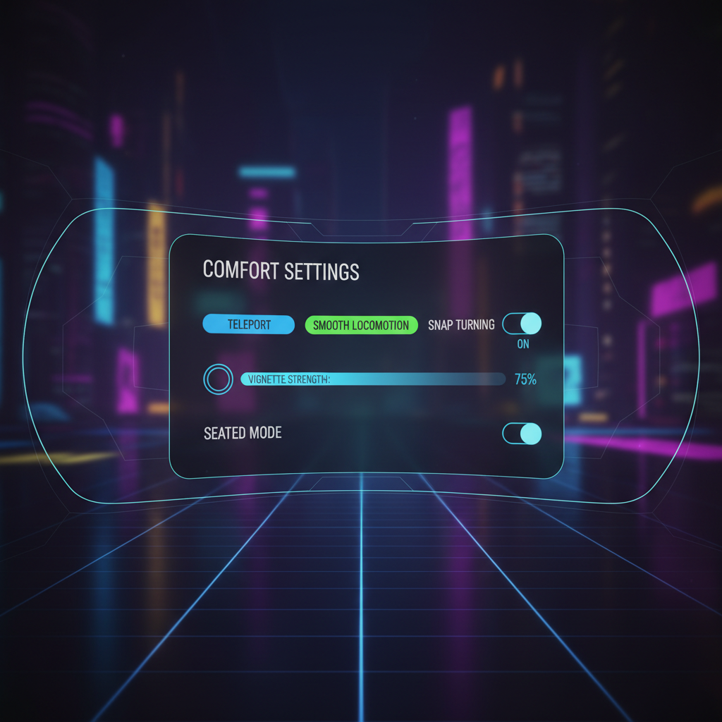 Comfort settings menu in a VR game showing locomotion, snap turn, vignette, and seated mode options