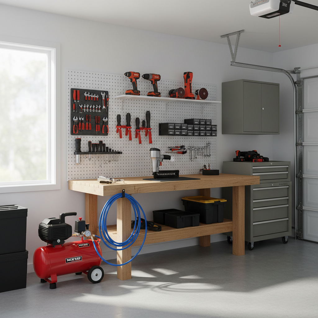 Home garage air compressor setup with hose and common pneumatic tools