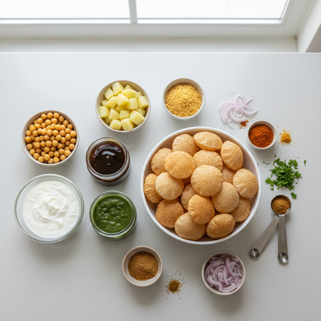 Dahi puri ingredients laid out: puri shells, yogurt, chutneys, potatoes, chickpeas, spices