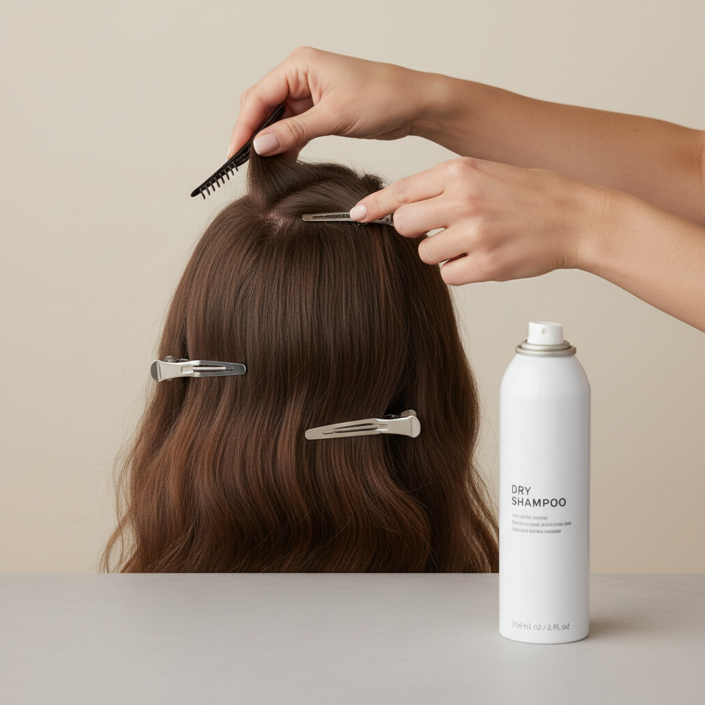 Step-by-step applying dry shampoo in sections on oily scalp