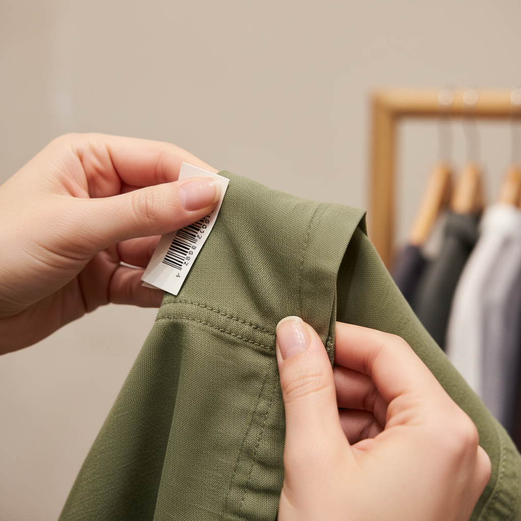 Close-up of hands checking fabric tags and seams while thrifting