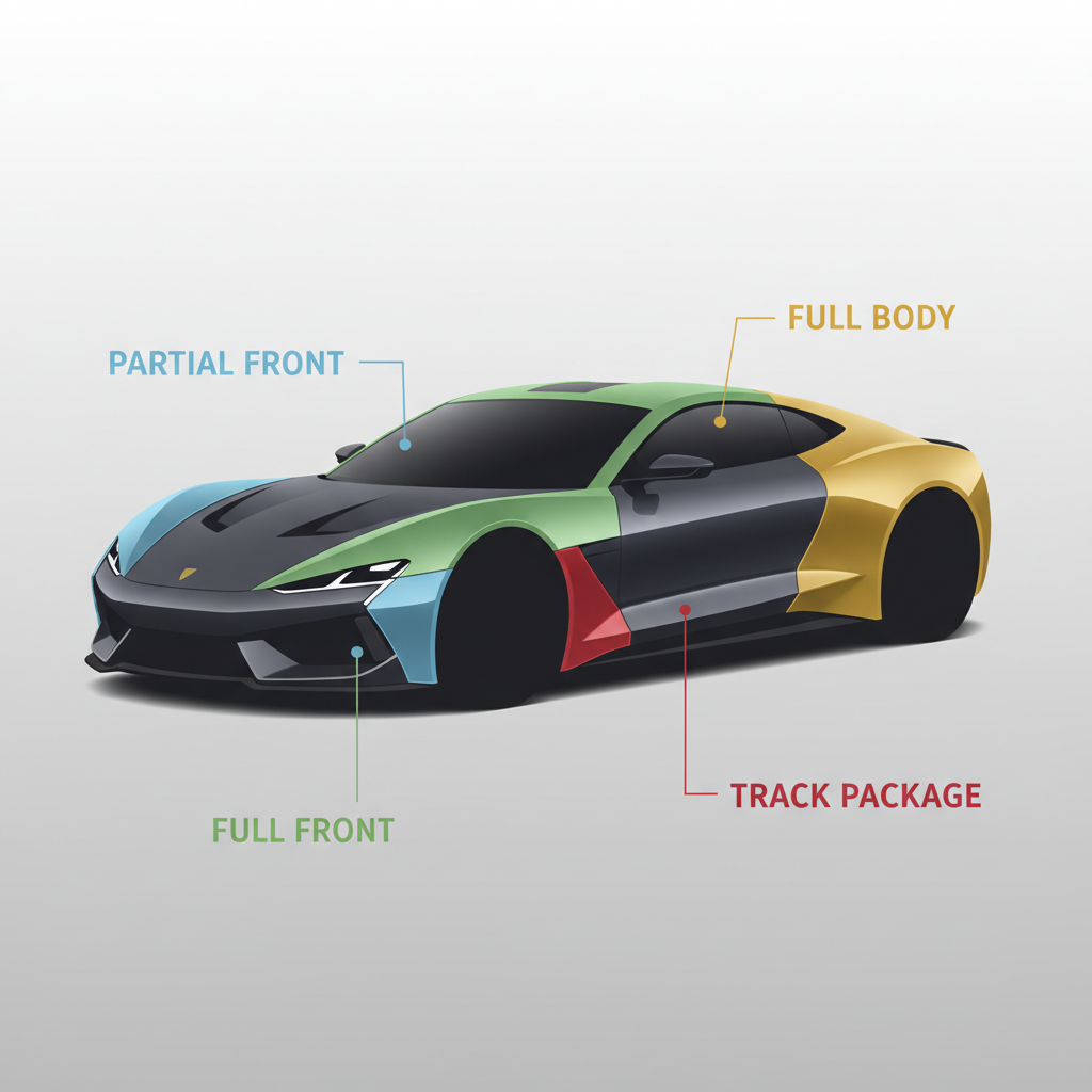 Comparison chart concept for car paint protection film kit coverage options