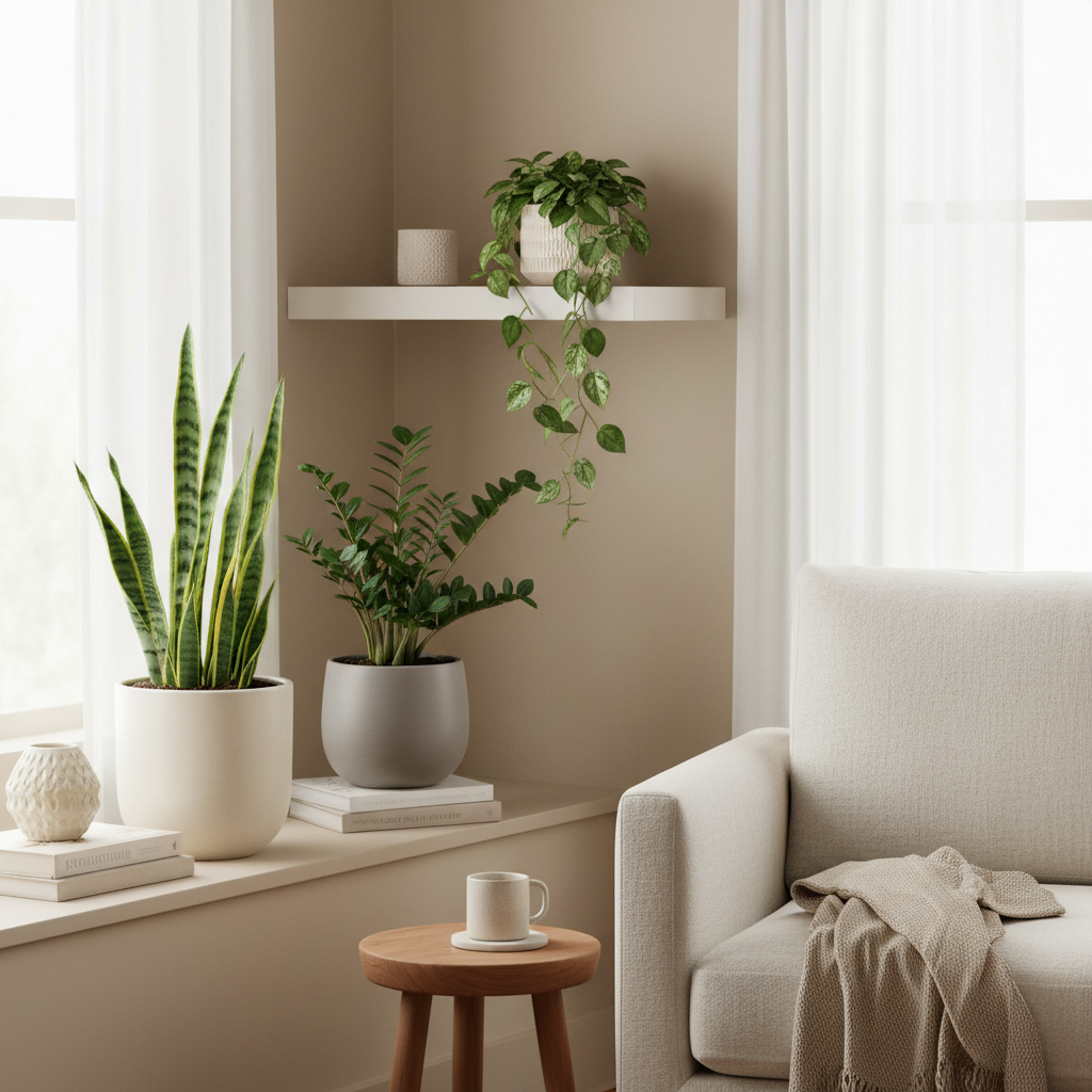 Low maintenance indoor plants for home decor grouped in matching pots by a bright window