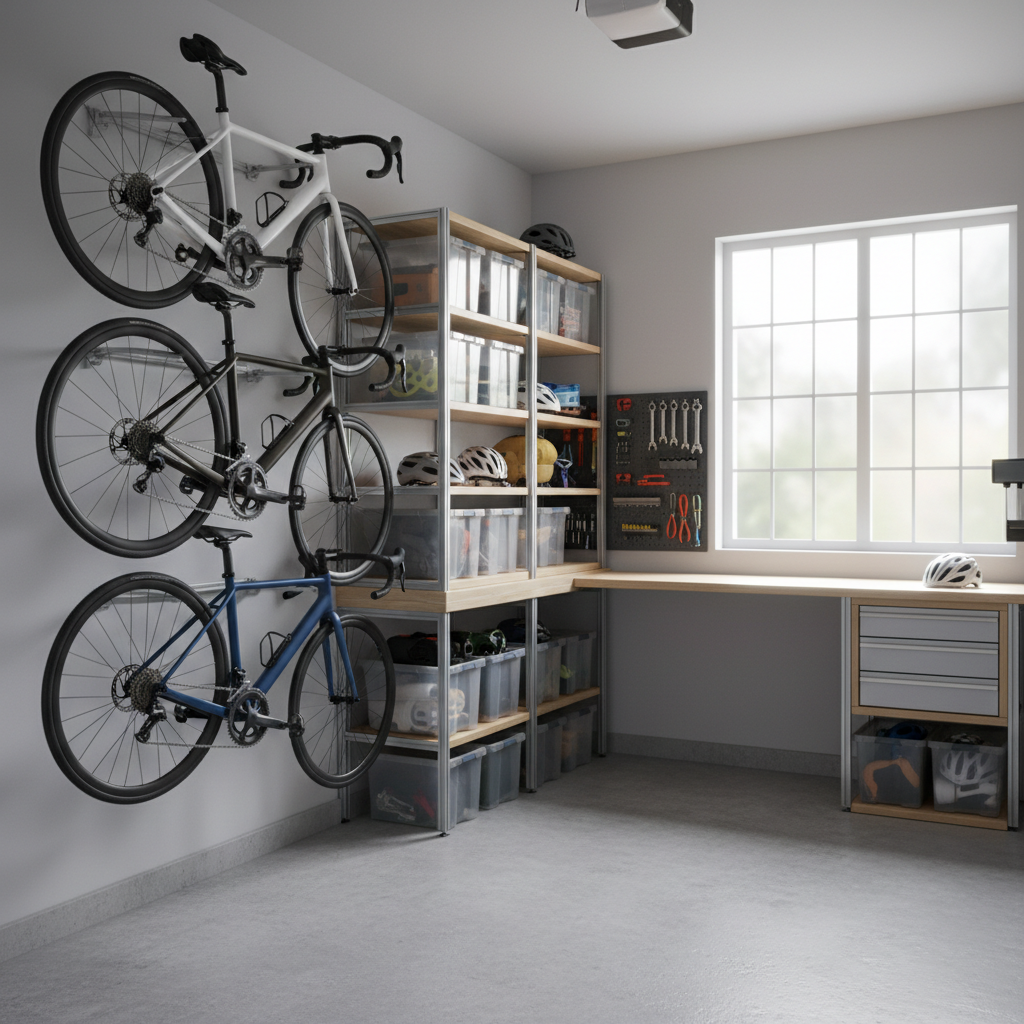 Wall-mounted rail system storing multiple bikes in a tight garage