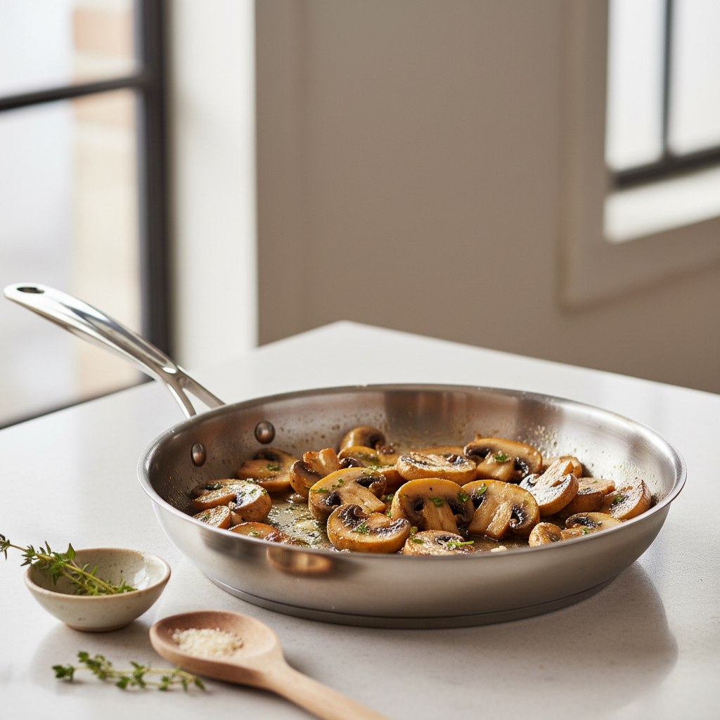 Golden butter-sauteed mushrooms in a skillet